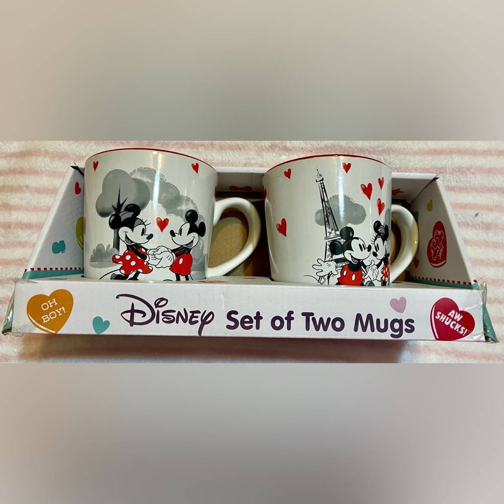 Disney Mickey and Minnie Mugs with Red Hearts ❤️ Set - Red, White, and Gray.